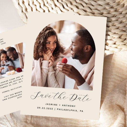 QR-Code für zwei Foto-Arch-Beige Save the Date Postkarte