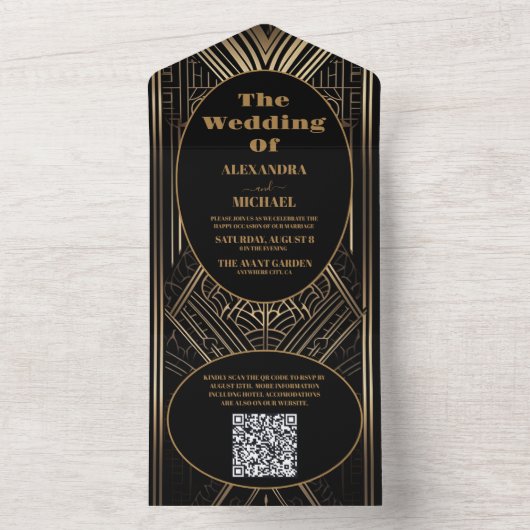 QR Code Geometric Art Deco Wedding All In One Einladung (Innen Boden)