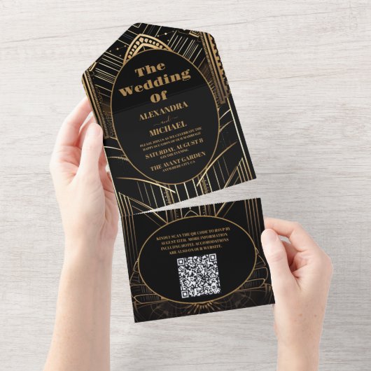 QR Code Geometric Art Deco Wedding All In One Einladung (Abreißen)