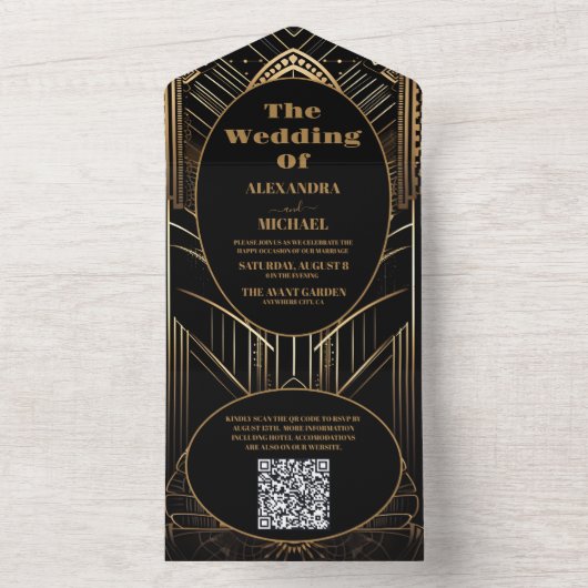 QR Code Geometric Art Deco Wedding All In One Einladung (Innen Boden)