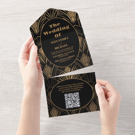 QR Code Geometric Art Deco Wedding All In One Einladung (Abreißen)