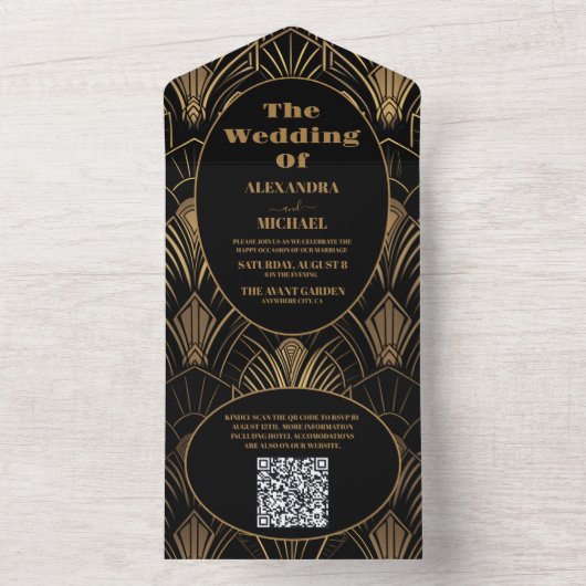 QR Code Geometric Art Deco Wedding All In One Einladung (Innen Boden)