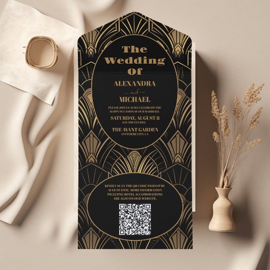QR-Code Geometrische Art Deco Hochzeit All In One Einladung