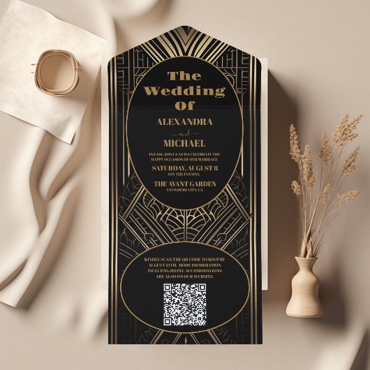 QR-Code Geometrische Art Deco Hochzeit All In One Einladung