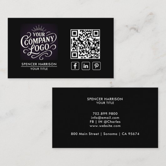 QR-Code Geschäftslogo Modern Professionell Schwarz Visitenkarte (Vorne/Hinten)