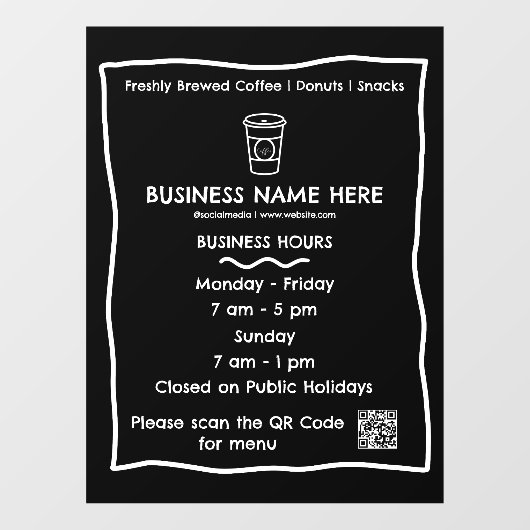 QR Code Geschäftszeiten für Black & White Cafe Fensteraufkleber (Blatt)
