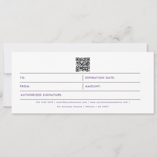 QR-Code-Geschenkgutschein für lila Business-Logo (Vorderseite)