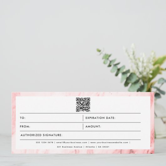 QR-Code-Geschenkgutschein für Rosa-Marmor-Firmenlo (Stehend Vorderseite)