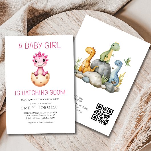 QR Code Girl Dinosaur Hatching Soon Baby Shower Einladung