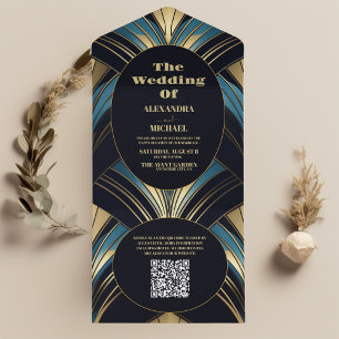 QR Code Glamour Blue and Gold Art Deco Wedding All In One Einladung