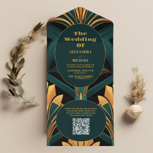 QR Code Glamour Green und Gold Art Deco Hochzeit All In One Einladung