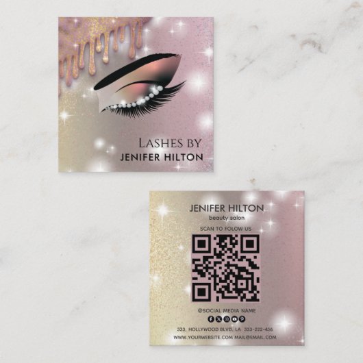 Qr-Code glittery trendy Lashes Makeup eye Quadratische Visitenkarte (Vorne/Hinten)
