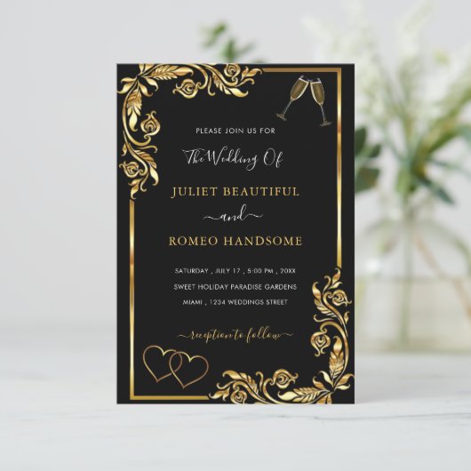QR Code Gold Black Hearts Einladung Hochzeit (Stehend Vorderseite)