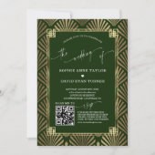 QR Code Gold Dunkelgrüne Art Deco Hochzeit Einladung (Vorderseite)