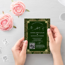 QR Code Gold Dunkelgrüne Art Deco Hochzeit
