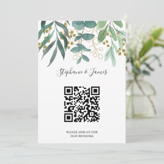 QR Code Gold Eucalyptus Berries Einladung Hochzeit (Stehend Vorderseite)