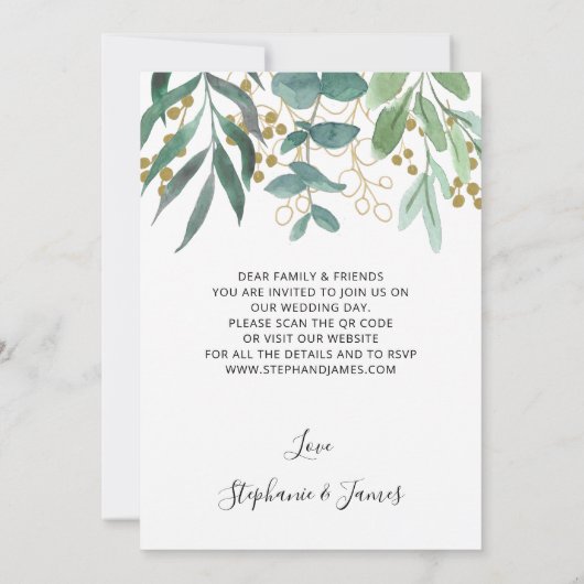 QR Code Gold Eucalyptus Berries Einladung Hochzeit (Rückseite)