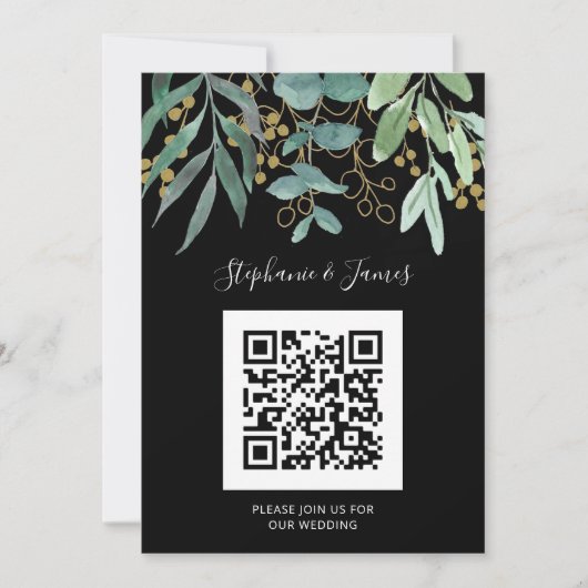 QR Code Gold Eukalyptus Black Wedding Einladung (Vorderseite)