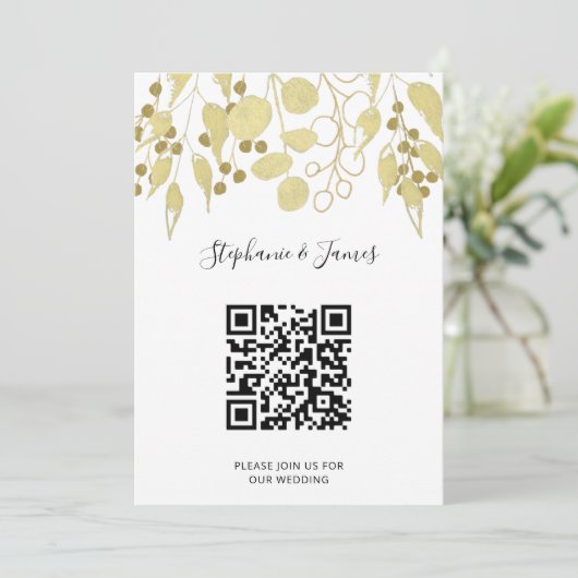 QR Code Gold Foliage Wedding Einladung (Stehend Vorderseite)