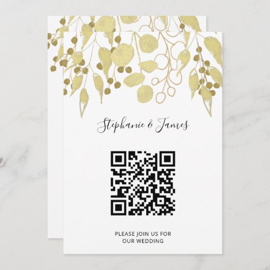 QR Code Gold Foliage Wedding Einladung (Vorne/Hinten)