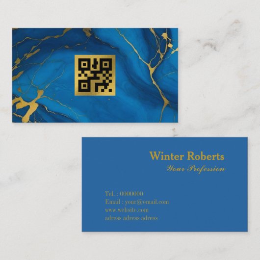QR Code Gold Glitzer Blue Marmor Business Card Visitenkarte (Vorne/Hinten)