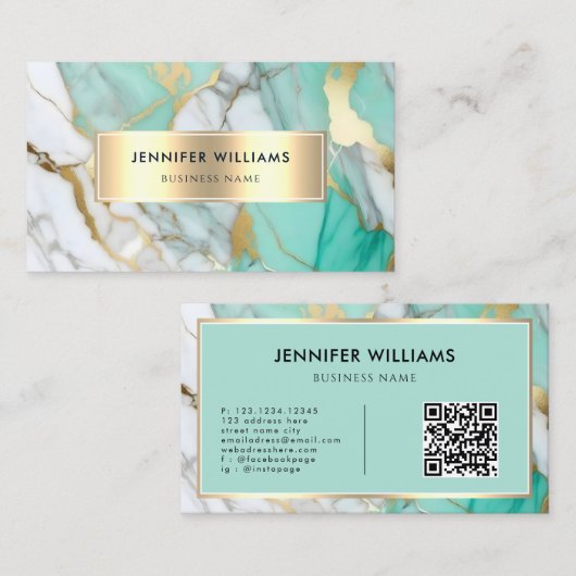 QR Code Gold Green Marble Elegant Modern Visitenkarte (Vorne/Hinten)