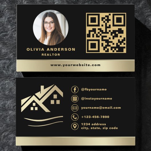 QR Code Gold House Black Real Anwesen Realtor Visitenkarte