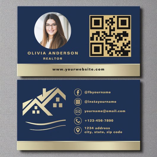 QR Code Gold House Navy Blue Real Estate Realtor Visitenkarte
