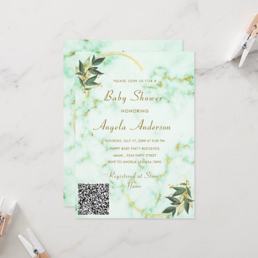 QR Code Gold Marble Baby Girl Dusche Einladung (Vorderseite/Rückseite Beispiel)