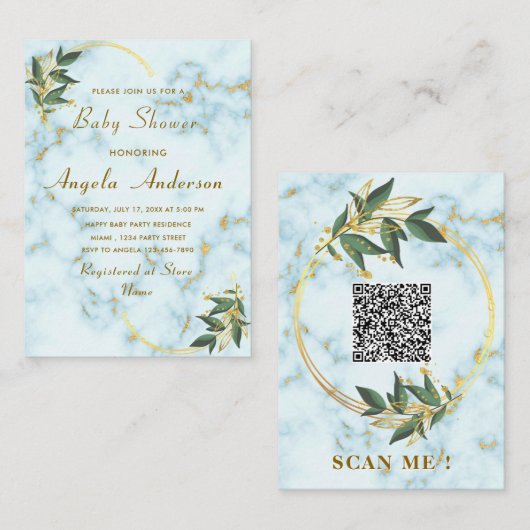 QR-Code Gold Marmor Baby Shower Einladungen (Vorne/Hinten)