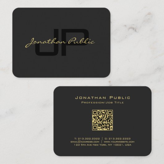 QR Code Gold Script Text Elegant Black Mighty Visitenkarte (Vorne/Hinten)