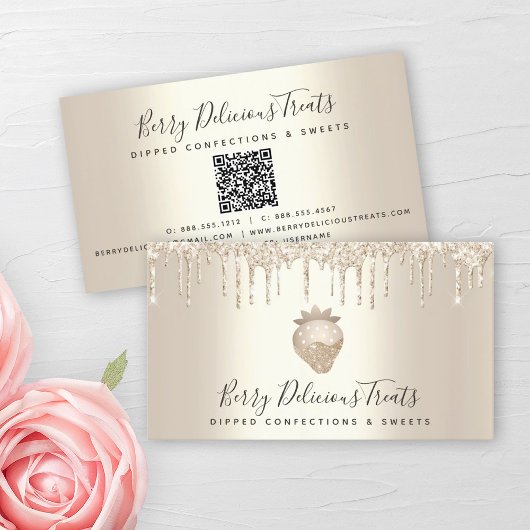 QR Code Gold Tropfen Erdbeeren Confection Dessert Visitenkarte