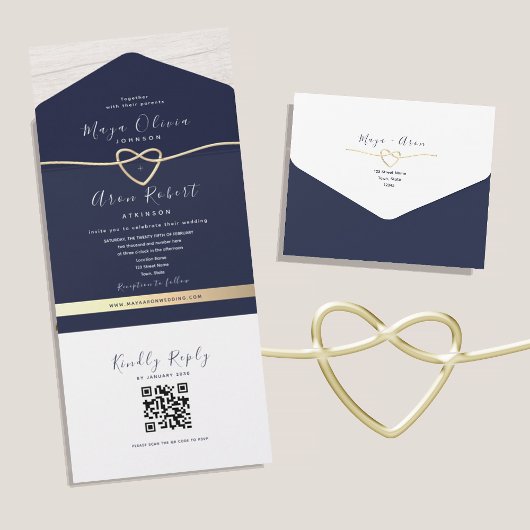 QR Code Gold und Navy Blue Wedding All In One Einladung