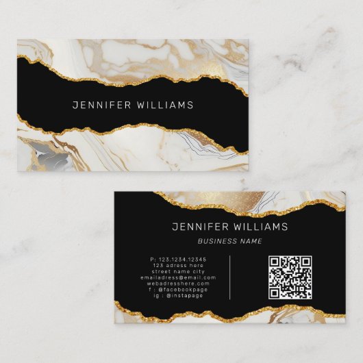 QR Code Gold Weißer Marmor Agate Elegant Visitenkarte (Vorne/Hinten)