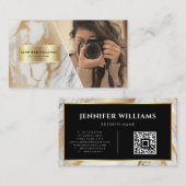 QR Code Gold Weißer Marmorfotograf Moderner Visitenkarte (Vorne/Hinten)