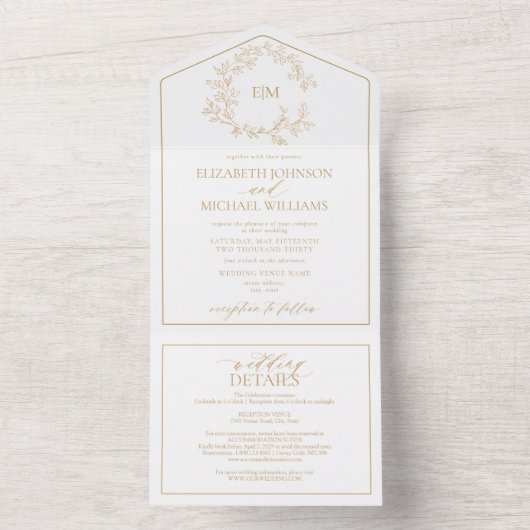 QR Code Goldleafy Wappen Monogram Wedding All In One Einladung (Innen Boden)