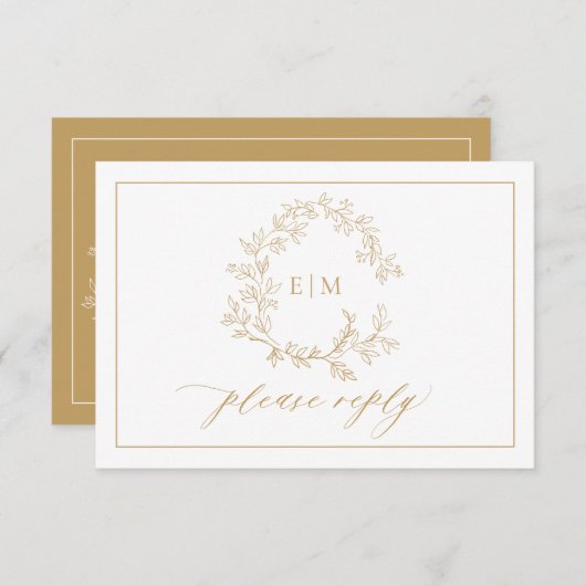 QR Code Goldleafy Wappen Monogram Wedding RSVP Karte (Vorne/Hinten)
