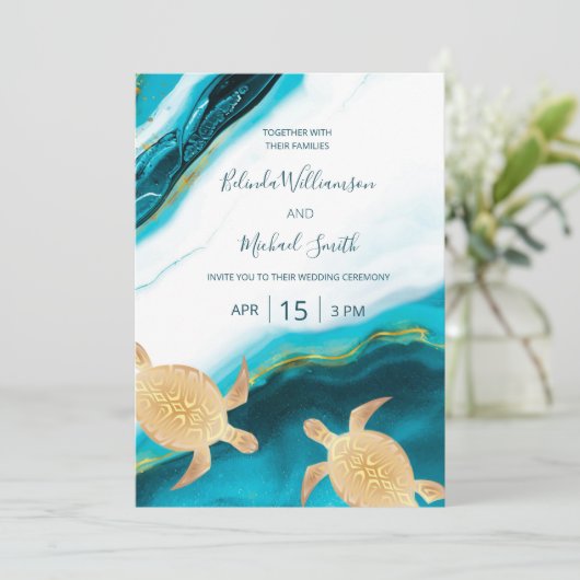 QR-Code | Goldschildkröten Aquamarin Tinte Agate H Einladung (Stehend Vorderseite)