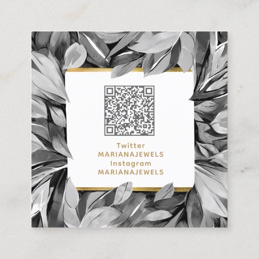 QR Code Gray Gold Foliage Ohrringe Display Cards Quadratische Visitenkarte (Rückseite)