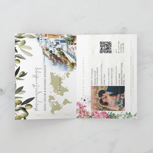 QR Code Greece Wedding Passport Sage Weltkarte Einladung (Innenseite)