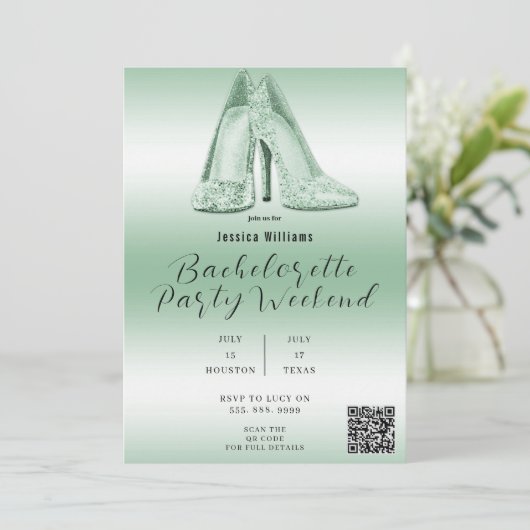 QR CODE Green Glitzer Shoes Bachelorette Einladung (Stehend Vorderseite)