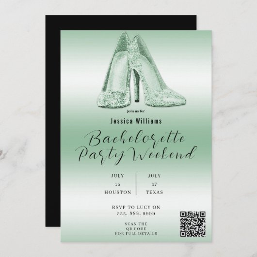 QR CODE Green Glitzer Shoes Bachelorette Einladung (Vorne/Hinten)