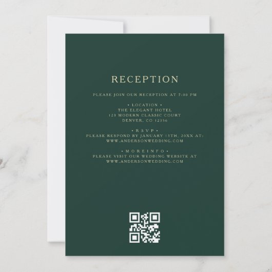 QR Code Green Gold Minimal Leaf Hochzeit Einladung (Rückseite)