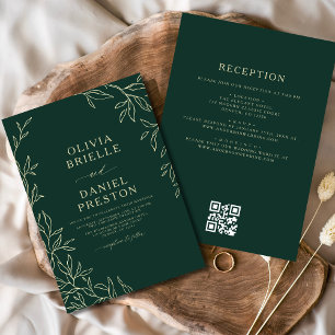 QR Code Green Gold Minimal Leaf Hochzeit Einladung