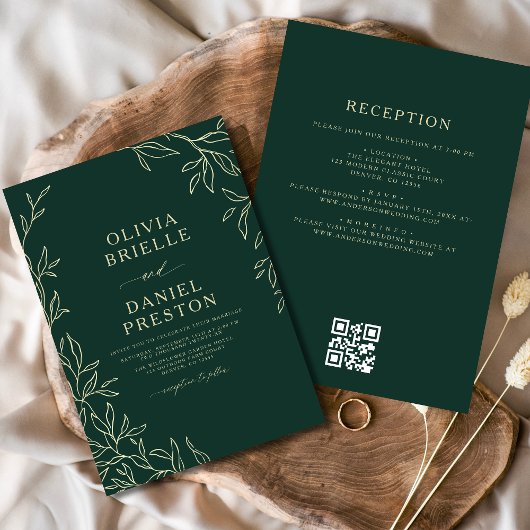 QR Code Green Gold Minimal Leaf Hochzeit Einladung