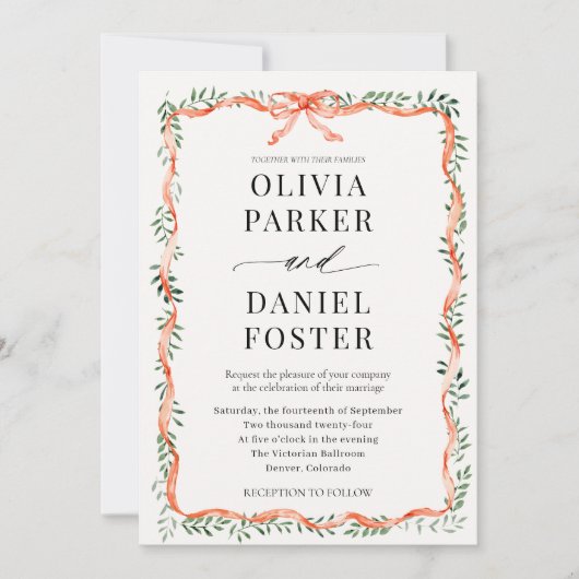 QR Code Greenery Red Ribbon & Bow Wedding Einladung (Vorderseite)