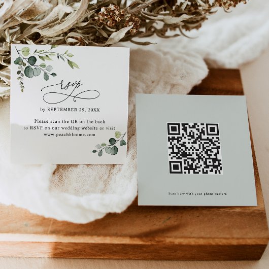 QR Code Greenery Wedding Online RSVP Cards Quadratische Visitenkarte