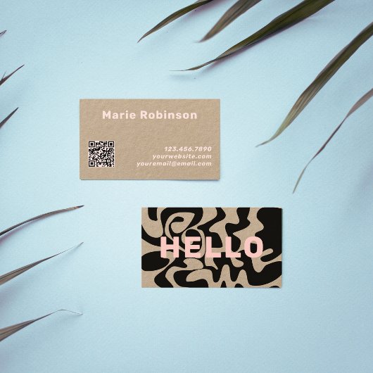 QR Code Groovy Black Light Pink Kraft Visitenkarte