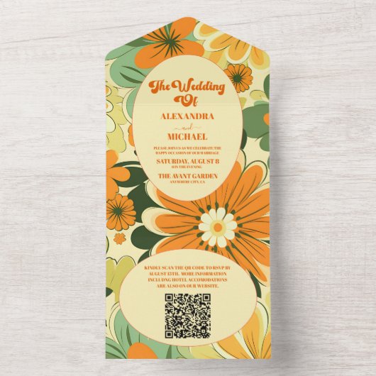 QR Code Groovy Boho Retro Floral Wedding All In One Einladung (Innen Boden)