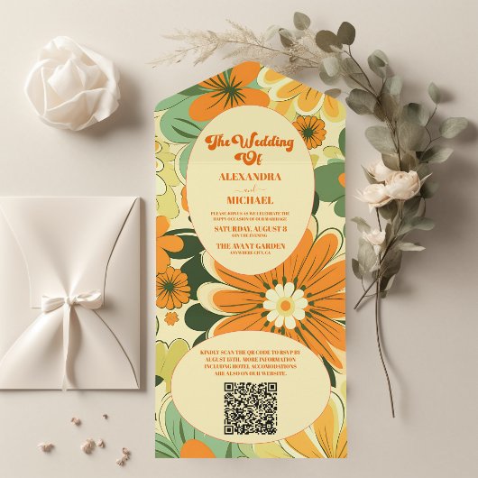 QR Code Groovy Boho Retro Floral Wedding All In One Einladung